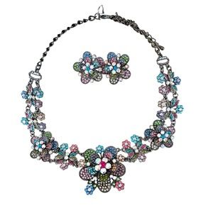 2000s rhinestone floral statement necklace colorful flowers earrings